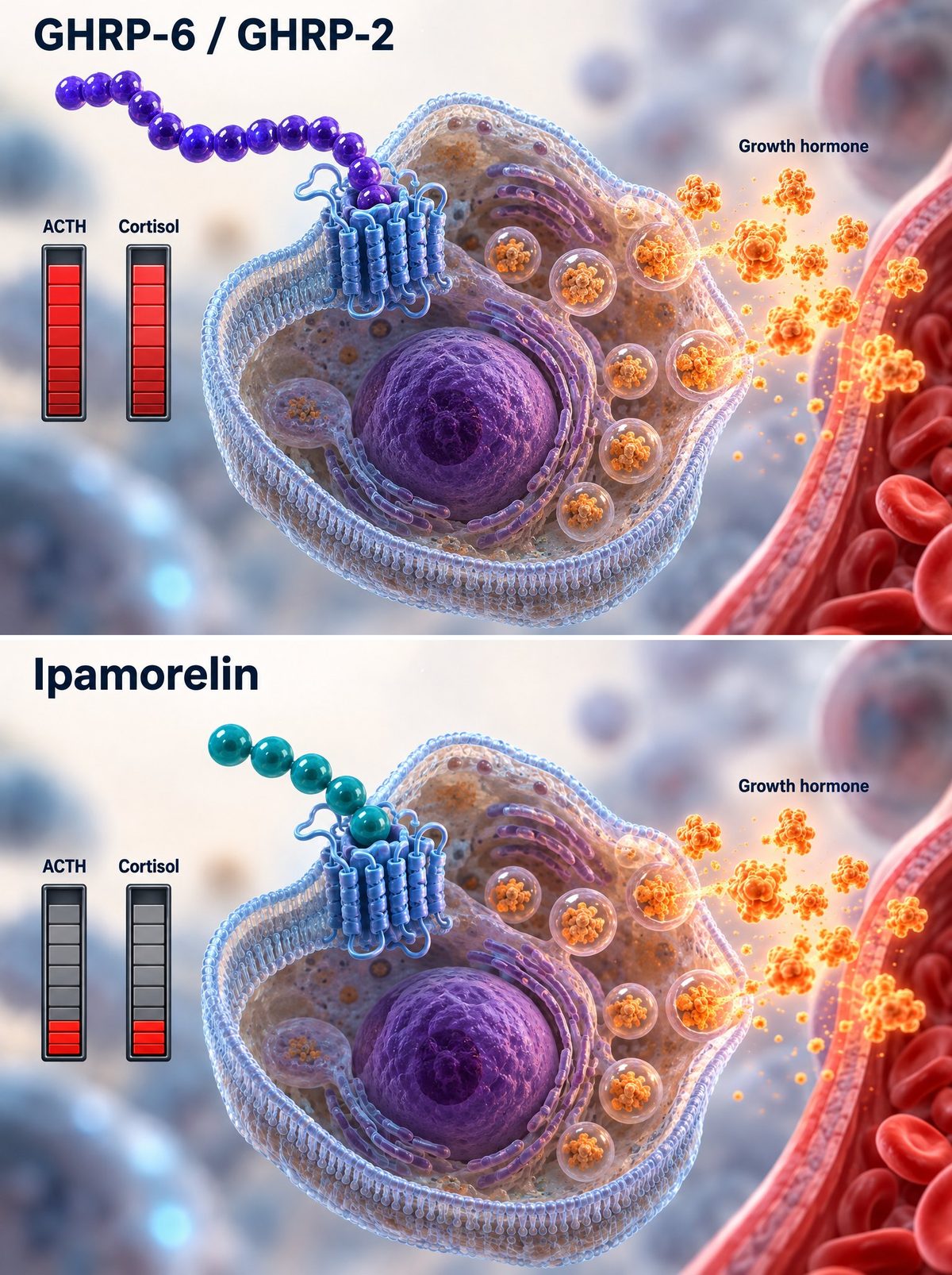 GHRP-6 and GHRP-2 raise ACTH and cortisol along with growth hormone, while Ipamorelin releases growth hormone without raising ACTH or cortisol