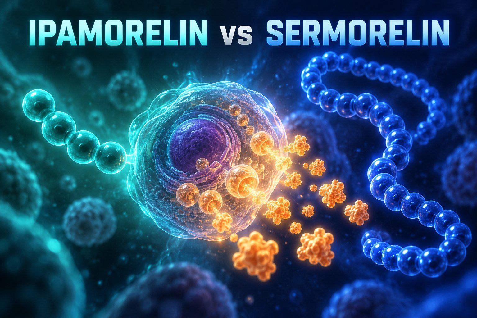 Ipamorelin vs Sermorelin: a short teal Ipamorelin chain and a longer blue Sermorelin chain on either side of a pituitary cell releasing growth hormone