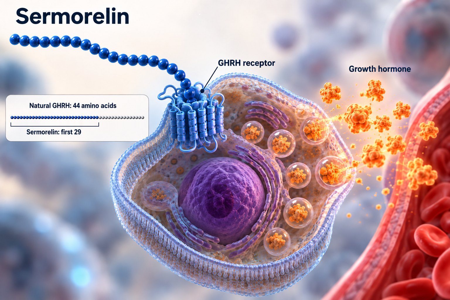 Sermorelin, the first 29 of natural GHRH's 44 amino acids, binds the GHRH receptor on a pituitary cell, which releases growth hormone into the bloodstream