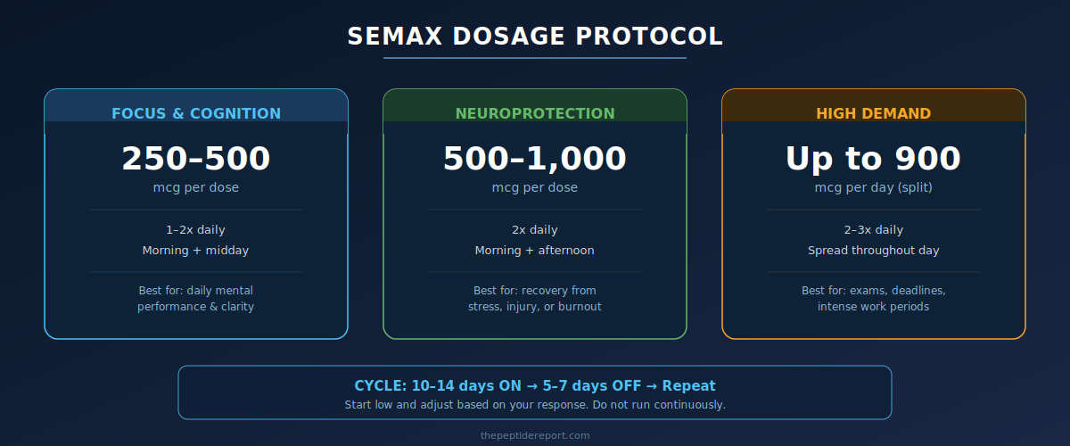 Semax dosage protocol infographic - cognitive enhancement neuroprotection and high demand dosing