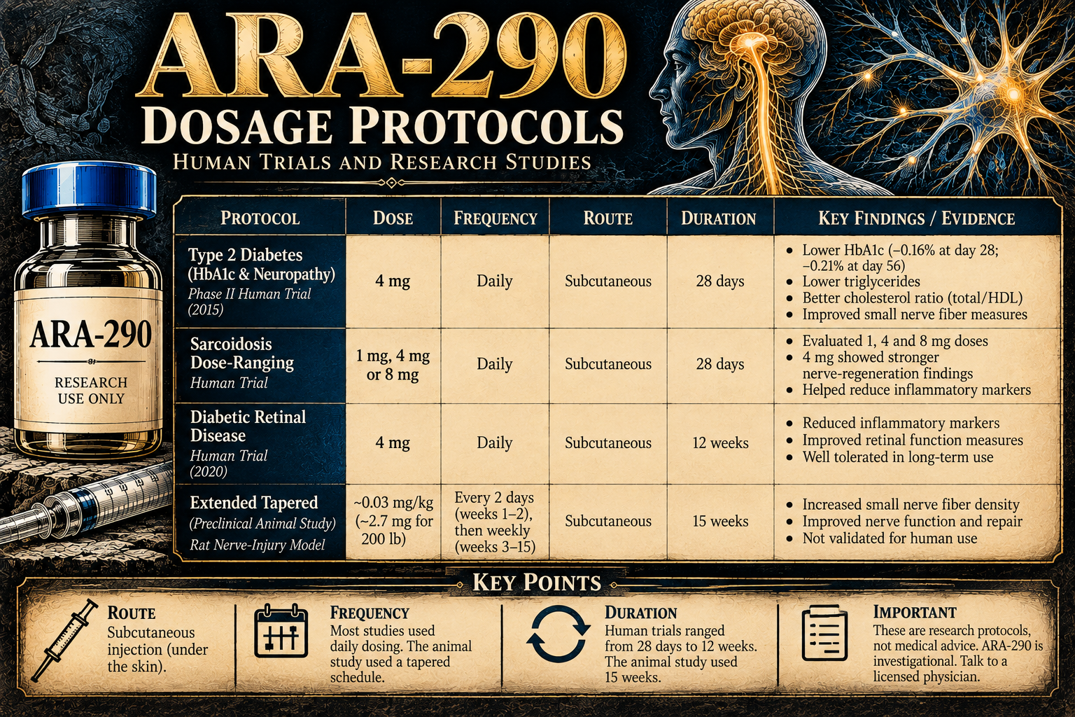 Table of ARA-290 dosage protocols from human trials and a rat study, including dose, frequency, and duration