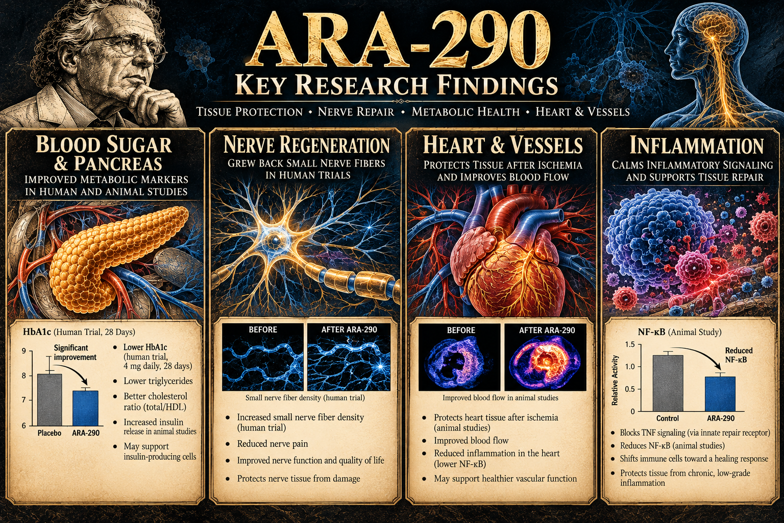 ARA-290 research findings for blood sugar, nerve regeneration, the heart, and inflammation