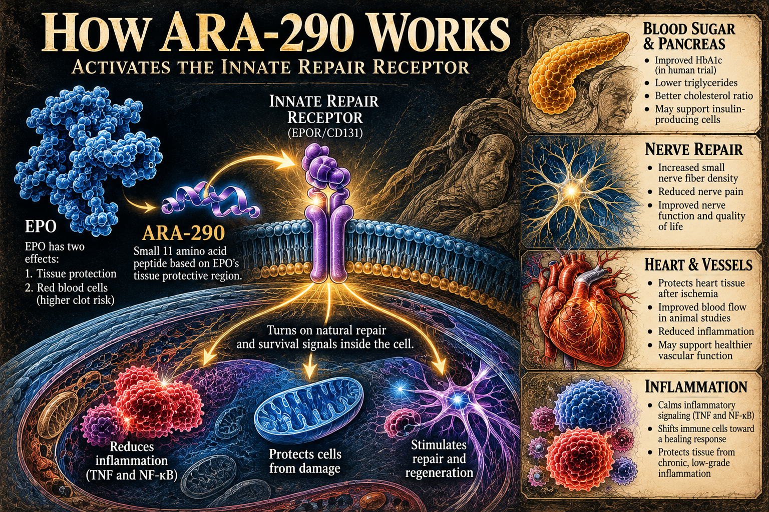 Diagram of ARA-290, a small peptide from EPO, switching on the innate repair receptor to calm inflammation and protect cells