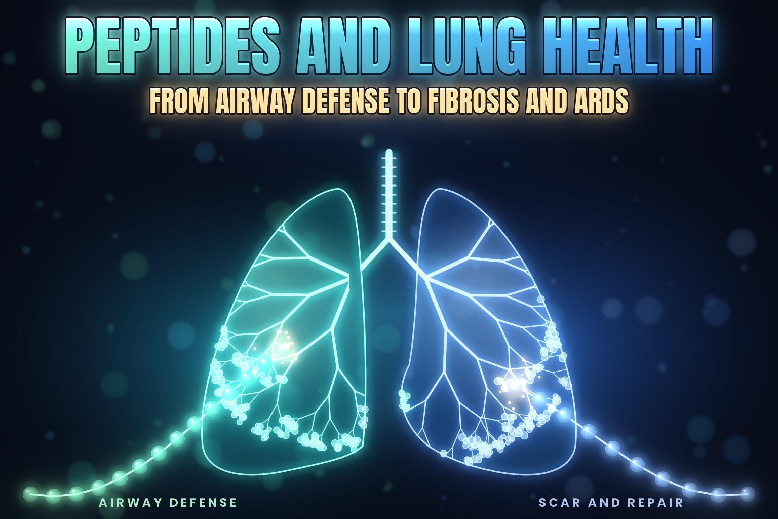 Two glowing neon lungs with branching airways, with teal and blue peptide chains reaching into them