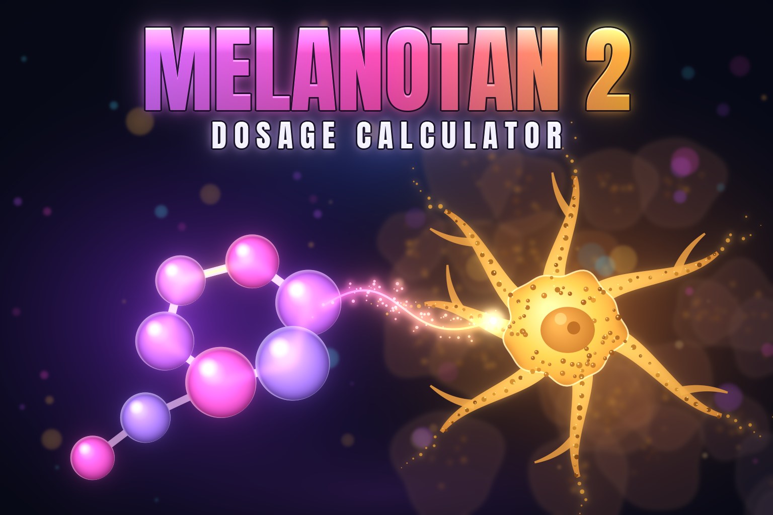 Melanotan 2 dosage calculator: a ring-shaped Melanotan 2 peptide sends a signal to a melanocyte, which spreads dark melanin granules into the surrounding skin cells