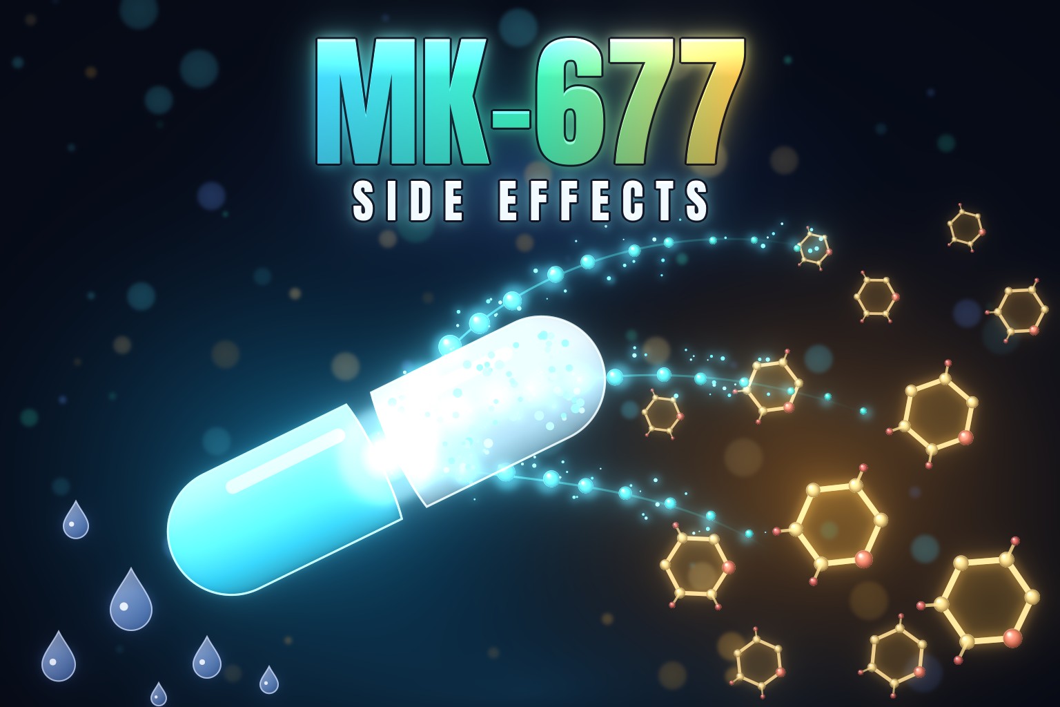 MK-677 side effects: a capsule releasing growth hormone signals next to glucose molecules