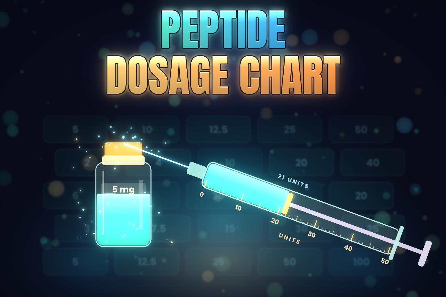 Peptide dosage chart hero: a glowing vial and a U-100 insulin syringe with lit unit marks over a faint dosage chart