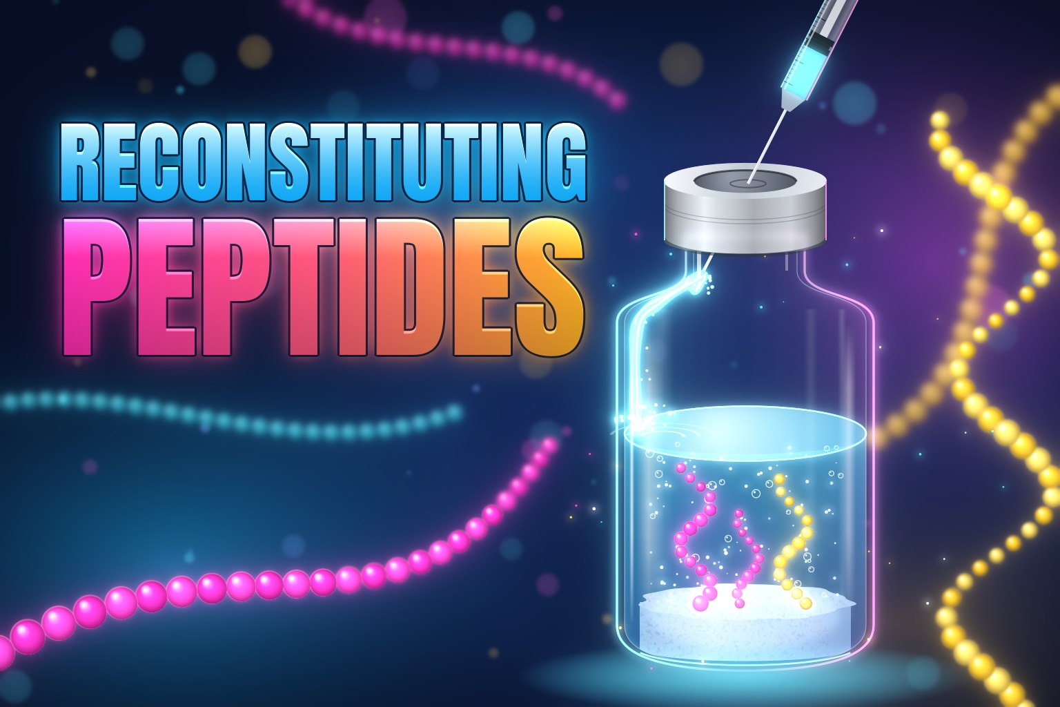 Peptide vial being reconstituted: water from an insulin syringe runs down the inside wall as the freeze-dried peptide cake dissolves into glowing peptide chains